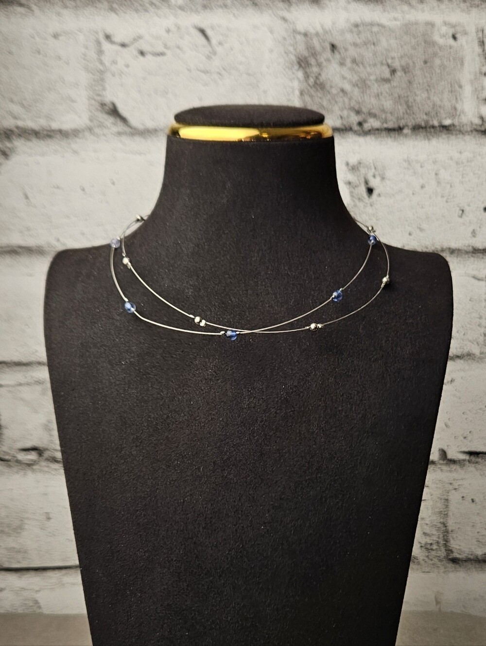 Silver Tone Double Strand Blue Bead Choker Necklace Adjustable